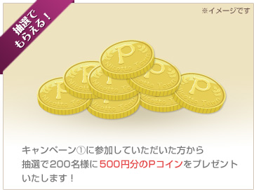 抽選でもらえる！キャンペーン①に参加していただいた方から抽選で200名様に 500円分のPコインをプレゼントいたします！