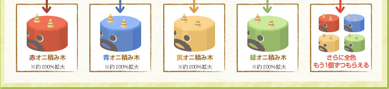 もらえるアイテム：1/30(金)「赤オニ積み木」、1/31(土)「青オニ積み木」、2/1(日)「黄オニ積み木」、2/2(月)「緑オニ積み木」、2/3(火) さらに全色もう１個ずつもらえる！