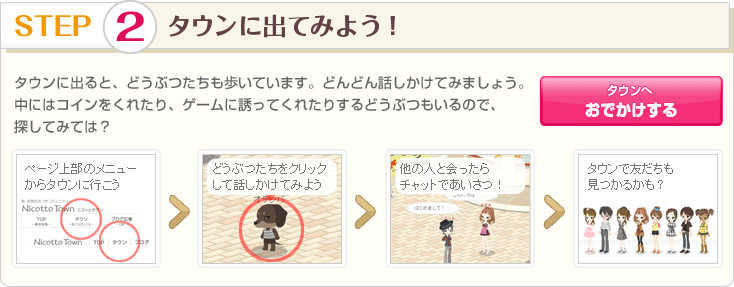 STEP 2 タウンに出てみよう！ タウンに出ると、どうぶつたちも歩いています。どんどん話しかけてみましょう。
中にはコインをくれたり、ゲームに誘ってくれたりするどうぶつもいるので、探してみては？