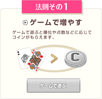 法則その1 ゲームで増やす ゲームで遊ぶと順位や点数などに応じて
コインがもらえます。