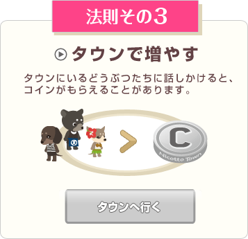 法則その3 タウンで増やす タウンにいるどうぶつたちに話しかけると、コインがもらえることがあります。